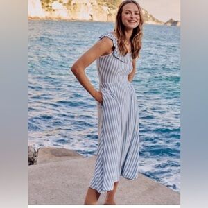 Ruffle-Shoulder Midi Dress in Capri Blue & White Stripe Size Small 🌊